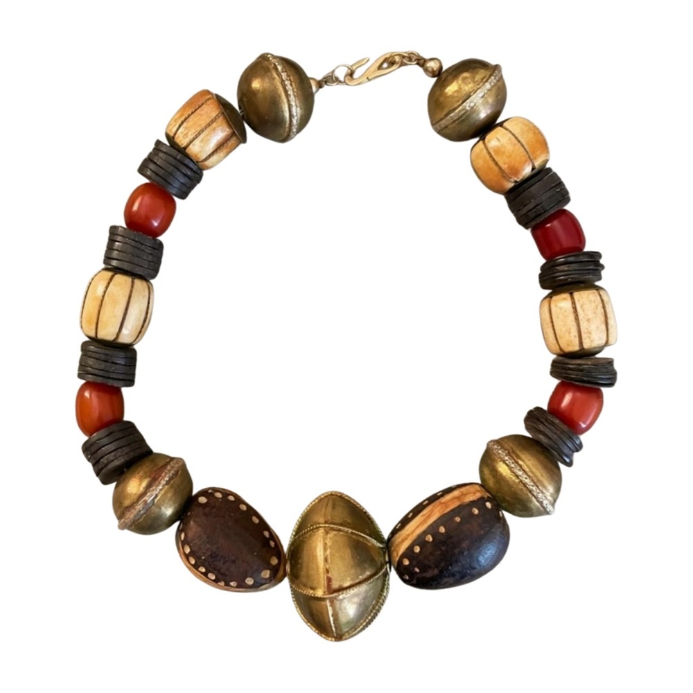Vintage 1980s Handmade Chunky Bead Statement Necklace - Earthy Boho Artisan